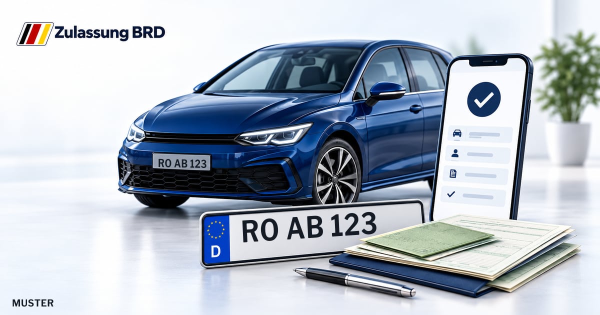 Online Fahrzeugzulassung in Bruckmühl: Musterkennzeichen RO AB 123, Auto und Fahrzeugpapiere und Smartphone. Illustration mit Logo von Zulassung BRD.